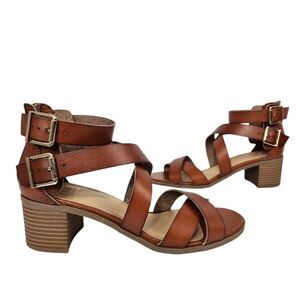 Material Girl Sandals Womens Danee Open Toe Cognacl Strappy Shoes vegan leather